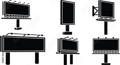 Flat design black billboard and signage silhouette icon set showing multiple horizontal and vertical sign layouts on poles and stands low angle view clean minimal composition