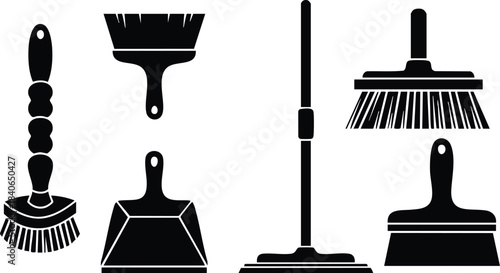 Flat design silhouette close up six cleaning brushes dustpan mop handle scrub brush hand brush floor squeegee vector icons simple minimal layout in bold black contrast