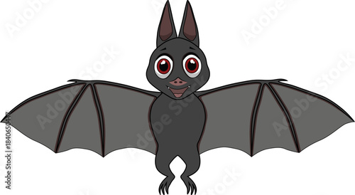 A black bat is spreading its wings and smiling.