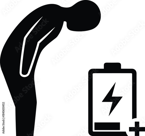 Black silhouette of tired person next to low battery icon exhausted energy