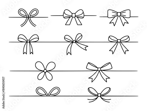 Nine black and white decorative bows tied in various styles on straight lines knots