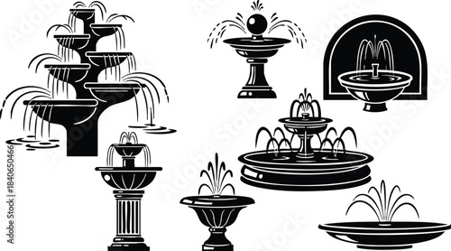 Flat design black fountain silhouette set showing multiple tiered pedestal wall and bowl fountain icons in varied styles angles close up and full view high contrast