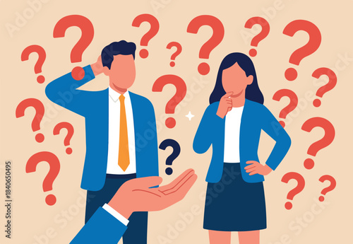Confused people with confusion problem or doubt, lost in trouble or complexity, complicated questions or misunderstanding concept, businessman and businesswoman with many of confused question marks