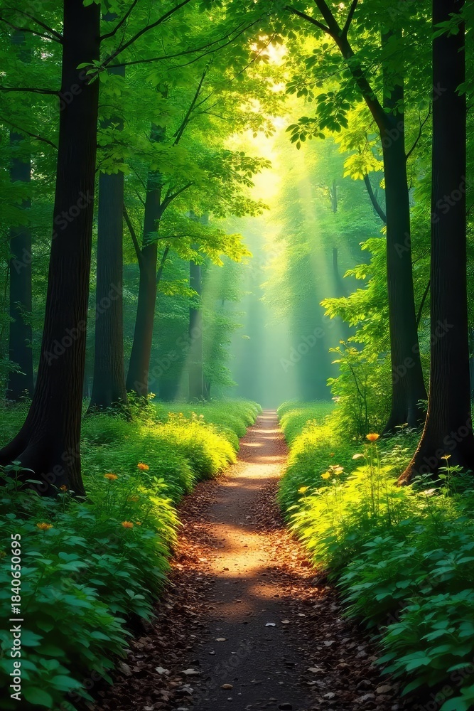 Obraz premium Sun-dappled forest path winding through lush green canopy, dappled sunlight filtering through leaves Perfect for nature, travel, and environmental themes , adventure, canopy