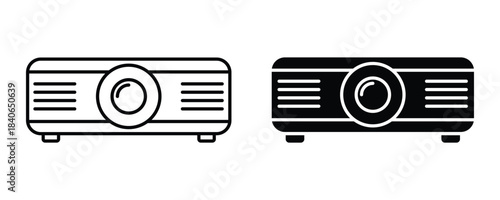 Projector vector icon set in black color. Multimedia projector icon. Symbol, logo illustration. Projector for video, cinema, and presentation.