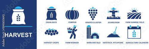 Harvest icon set. Containing grain sack, pumpkin, grapes cluster, scarecrow, farm sunrise field, harvest crops, farm worker, barn and silo, haystack pitchfork, agriculture calendar and more. Solid vec