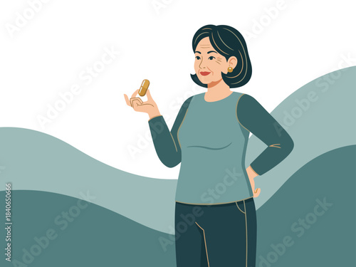 active senior woman confidently holds pill embodying a lifestyle of daily wellness The image features a soft modern illustration style with a calming color palette
