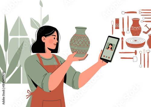 A young Asian woman uses a tablet to showcase handmade pottery, connecting remotely with a customer.  Warm, inviting studio setting.  Handmade, digital connection, artisan craft.