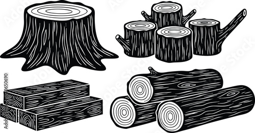 Woodcut style close up stacked logs tree stump sawn planks wood slices cross section hand engraved line art black and white rustic lumber illustration vintage detailed