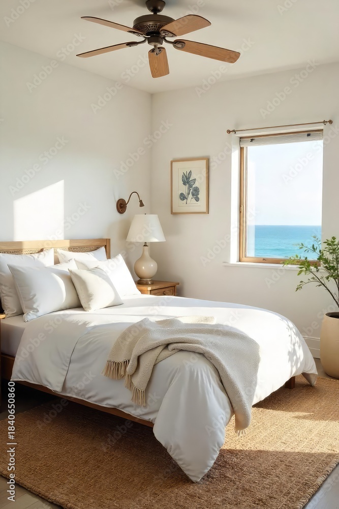 Fototapeta premium Sun-drenched California bedroom with coastal vibes Whitewashed walls, natural light, and a relaxed atmosphere create a serene space Perfect for a tranquil escape , sophisticated, serene, luxury
