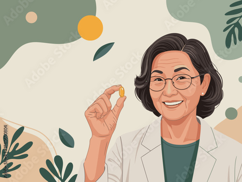 elderly Asian woman wearing lab coat and glasses holds a capsule and smiles confidently  A vibrant modern illustration promoting healthy aging with grace  Ideal for wellness and lifestyle campaigns