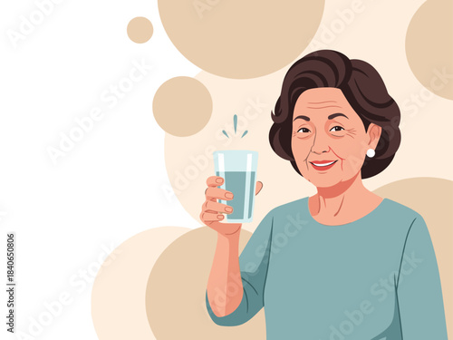A smiling elderly Asian woman raises a glass of water, celebrating health.  A cheerful and positive image suitable for wellness campaigns. Clean, soft background.