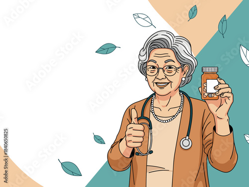 elderly woman wearing glasses and a stethoscope proudly holds a medicine bottle  She exudes trust and care  Bright friendly illustration Ideal for healthcare senior care and wellness campaigns