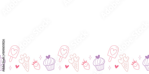 Horizontal decorative border with dessert icons Valentine s Day themed illustration in doodle style.