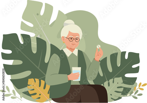 An elderly woman takes a pill, holding a glass of water. Lush leaves create a calming backdrop. ?Love Your Health? text. Soft, inviting illustration style.