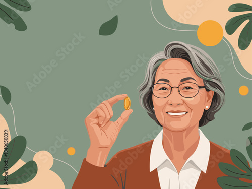 An elegant senior woman holds a capsule, smiling warmly.  A soft, modern illustration promotes aging with grace.  Ideal for health, wellness, and lifestyle campaigns.