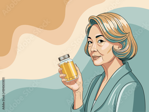 An elegant senior woman holds a bottle of vitality supplements, radiating health and confidence. A soft, modern illustration style highlights her vibrant appearance and promotes daily wellness.
