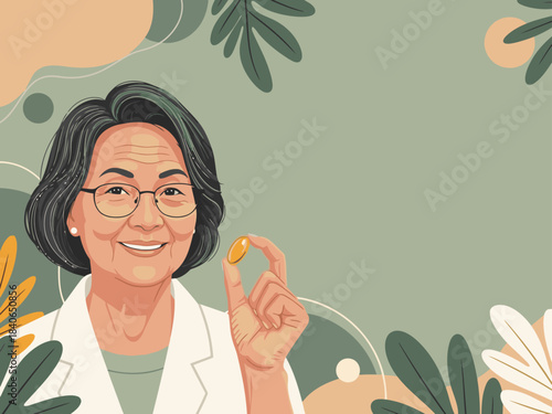 An elegant senior woman holds a capsule, smiling warmly.  She wears glasses and a lab coat, conveying grace and wellness.  Soft, muted tones and botanical elements create a sophisticated aesthetic.