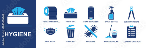 Hygiene icon set. Containing toilet paper roll, tissue box, soap dispenser, spray bottle, cleaning pliers, face mask, trash bin, no germs, mop and bucket, cleaning checklist and more. Solid vector ico
