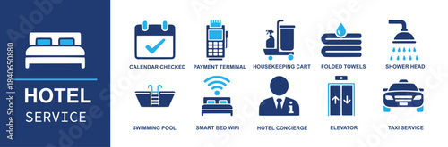 Hotel service icon set. Containing calendar checked, payment terminal, housekeeping cart, folded towels, shower head, swimming pool, smart bed wifi, hotel concierge, elevator, taxi service and more. S
