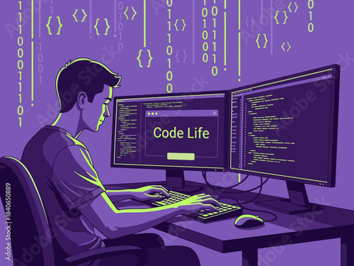 A focused young man codes at dual monitors, surrounded by floating binary code.  A "Code Life" banner highlights his dedication.  Modern, vibrant, and professional.