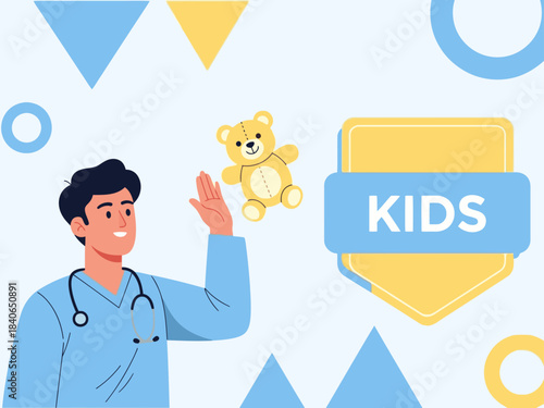 A friendly doctor greets children with a welcoming gesture amidst playful geometric shapes and a teddy bear. Bright, cheerful, and perfect for kids-related content.