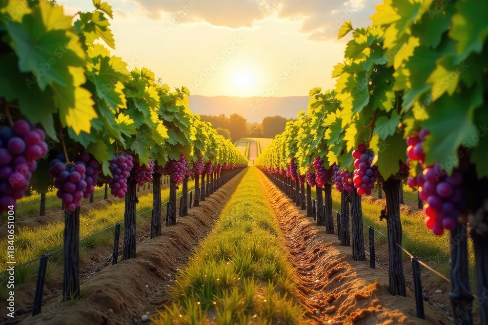 Obraz premium Sun-drenched vineyard rows stretching to the horizon, ripe grapes hanging heavy on the vines, ready for harvest A picturesque scene of idyllic wine country , vineyard, beverage, agricultural