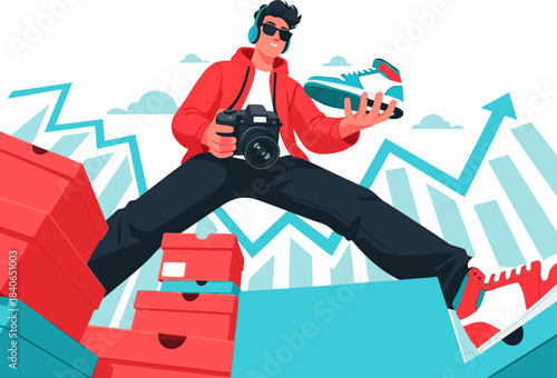 A stylish young man captures limited-edition sneakers with a camera, showcasing rising sales. Vibrant colors and dynamic composition create a compelling visual for marketing campaigns.