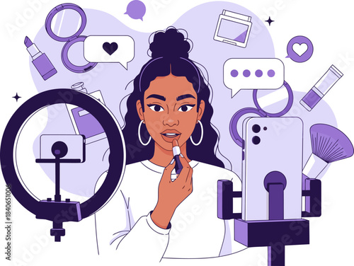 A stylish young woman applies lipstick while filming a beauty tutorial on her phone, surrounded by makeup and filming equipment. Vibrant, modern aesthetic.