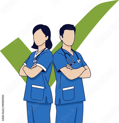 Two healthcare professionals stand confidently with arms crossed, conveying trust and professionalism. A blue checkmark graphic reinforces reliability. Modern, clean design.