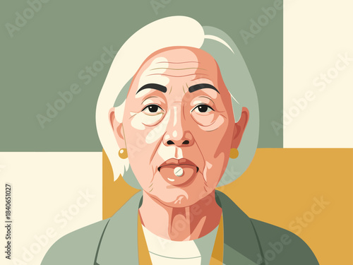 A stylish portrait of an elderly Asian woman taking a pill. Bold graphic design with a simple daily habit theme. Clean, modern illustration.