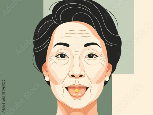 A stylish illustration depicts an elderly Asian woman taking a daily pill. Simple, clean design with a focus on health and wellness. Suitable for health, lifestyle, and daily routine themes.