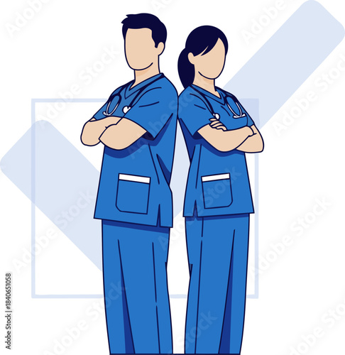 Two healthcare professionals stand confidently with arms crossed symbolizing trust and reliability blue and white illustration with a checkmark overlay conveys professionalism and patient care