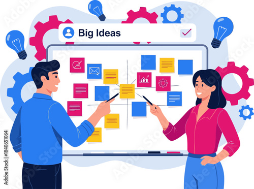 Two professionals collaborate on a whiteboard, brainstorming ideas. A modern, dynamic visual showcasing innovation and teamwork. Bright, colorful, and engaging.