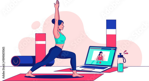 A woman practices yoga online via laptop, using a yoga mat and props. Modern, bright, and inviting. Join class!
