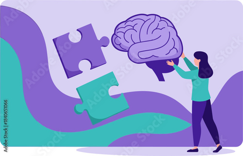 A woman carefully fits puzzle pieces around a brain, symbolizing mental clarity and problem-solving. Modern, vibrant illustration with a focus on cognitive skills and mindful thinking.