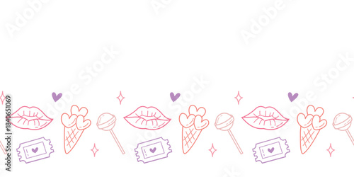 Seamless horizontal decorative border with dessert icons Valentines Day themed illustration.