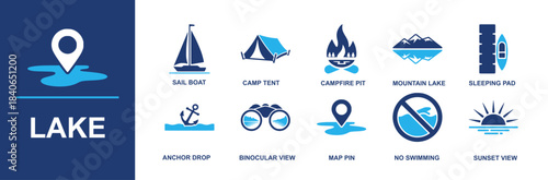 Lake icon set. Containing sail boat, camp tent, campfire pit, mountain lake, sleeping pad, anchor drop, binocular view, map pin, no swimming, sunset view and more. Solid vector icons