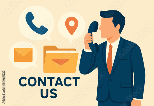 Contact us via email, phone or office location, communicate with customer or client, business information or channel for business contact concept, businessman with telephone, email and location pin