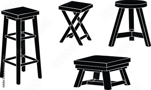 Flat design black stool icon set showing four different stool types including bar stool folding stool round stool and low footstool simple silhouettes isolated white background