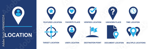 Location icon set. Containing featured location, favorite place, verified location, unknown place, time location, target location, user location, destination point, document location, multiple locatio