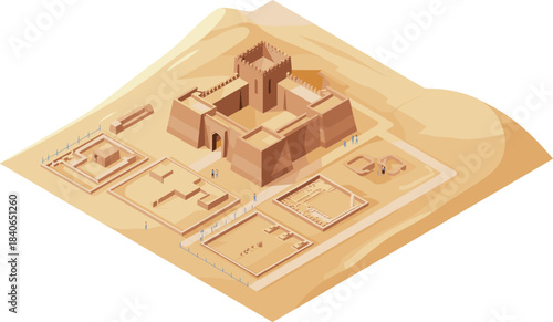 Isometric 3D illustration of ancient archaeological site with excavation area, desert ruins, historical fortress, and archaeologists exploring ancient civilization remains