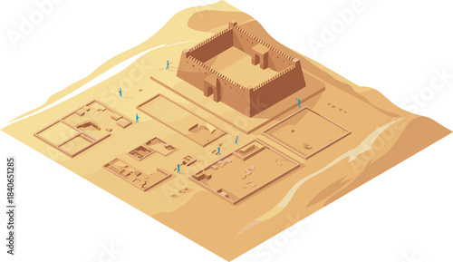 Isometric 3D illustration of ancient archaeological site with excavation area, desert ruins, historical fortress, and archaeologists exploring ancient civilization remains