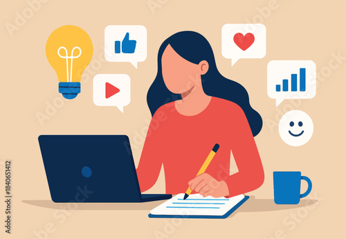 Content strategy marketing, creativity for digital advertising, online social media engagement, audience analysis or planning on storytelling influencer, woman with laptop working on social content.