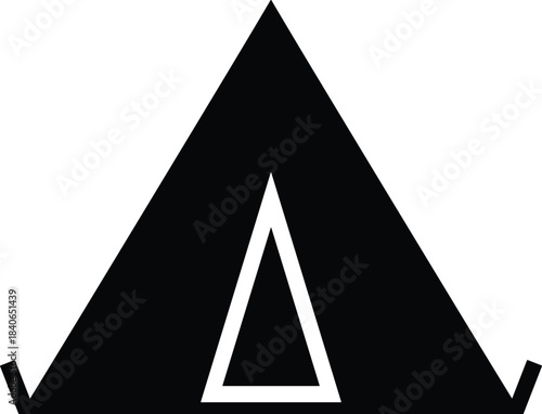 Black triangular tent icon with white opening on white background camping shelter
