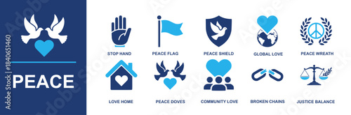 Peace icon set. Containing stop hand, peace flag, peace shield, global love, peace wreath, love home, peace doves, community love, broken chains, justice balance and more. Solid vector icons
