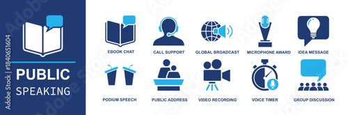 Public speaking icon set. Containing ebook chat, call support, global broadcast, microphone award, idea message, podium speech, public address, video recording, voice timer, group discussion and more.