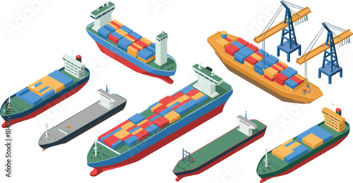 Isometric 3D illustration of cargo ships, container vessels, and port cranes for global shipping, freight transportation, and maritime logistics industry