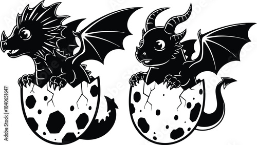 Line art close up two baby dragons hatching from spotted eggs side by side facing forward playful expression high contrast vector illustration curled tails wings cute