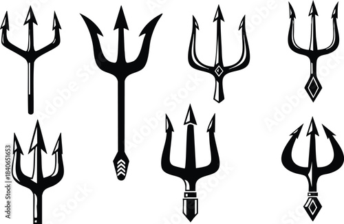 Flat silhouette trident icon set eight black trident silhouettes varying prong shapes vertical handles isolated on white background minimal vector art close up high contrast icon